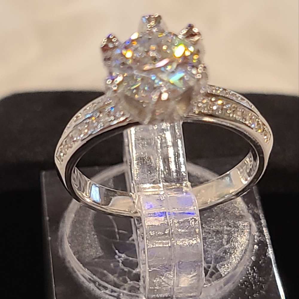 Moissanite Sterling Silver Ring with Embellished Crown